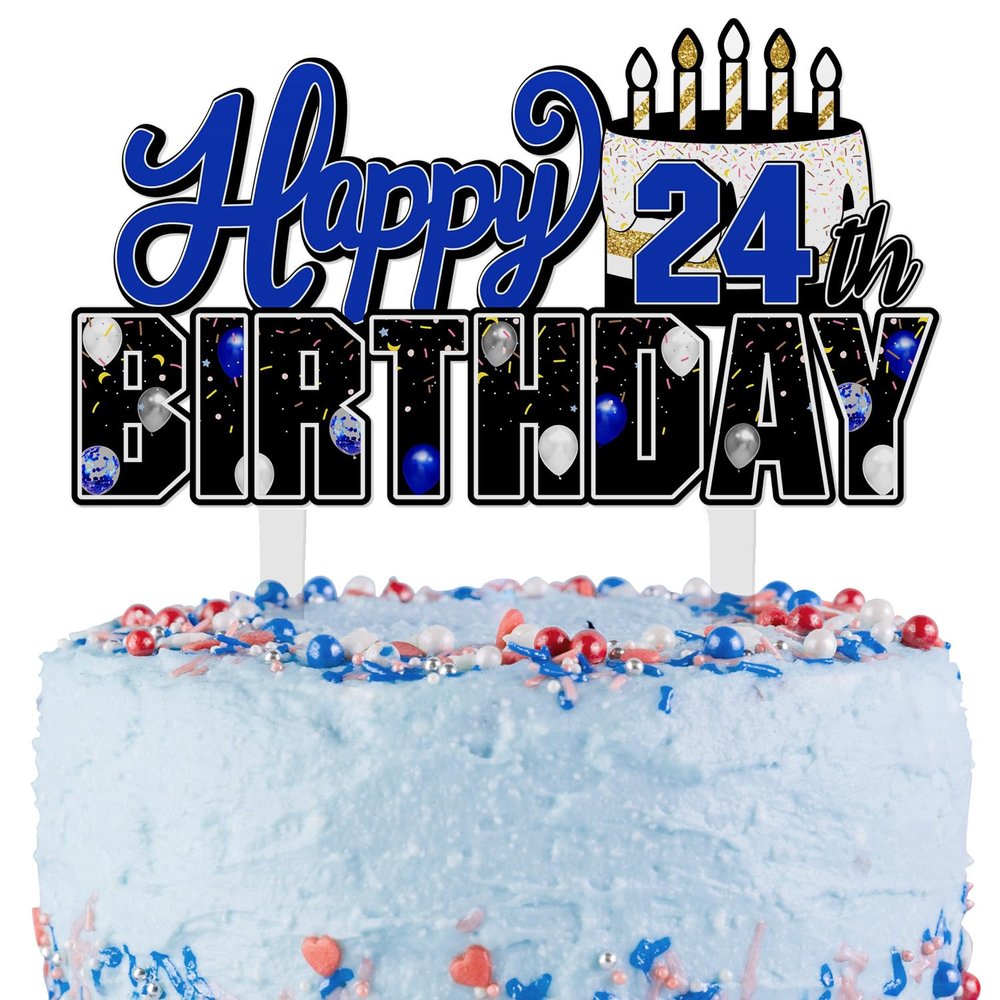 LINGTEER Happy 24th Birthday Blue Acrylic Cake Topper,Blue Theme Birthday Cheers to 24 Years Old Party Cake Decorations Gift Sign.