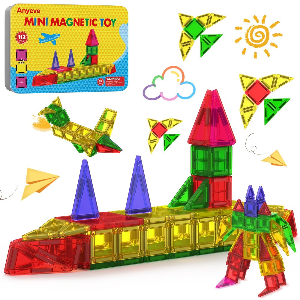 112PCS Mini Magnetic Tiles for Kids, Magnetic Tiles Travel Set with Iron Box, Portable Construction Toys STEM Educational Building Set for Kids Ages 4-8 Toddlers, Boys & Girls Birthday New Year Gift
