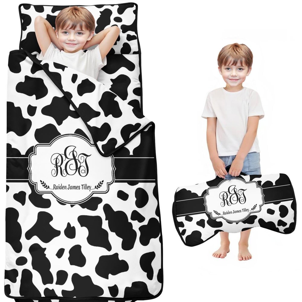 Personalized Cow Stripes Toddler Nap Mat for Boys and Girls Custom Name Sleeping Bag with Pillow & Blanket Soft & Portable for Daycare, Preschool & Kindergarten