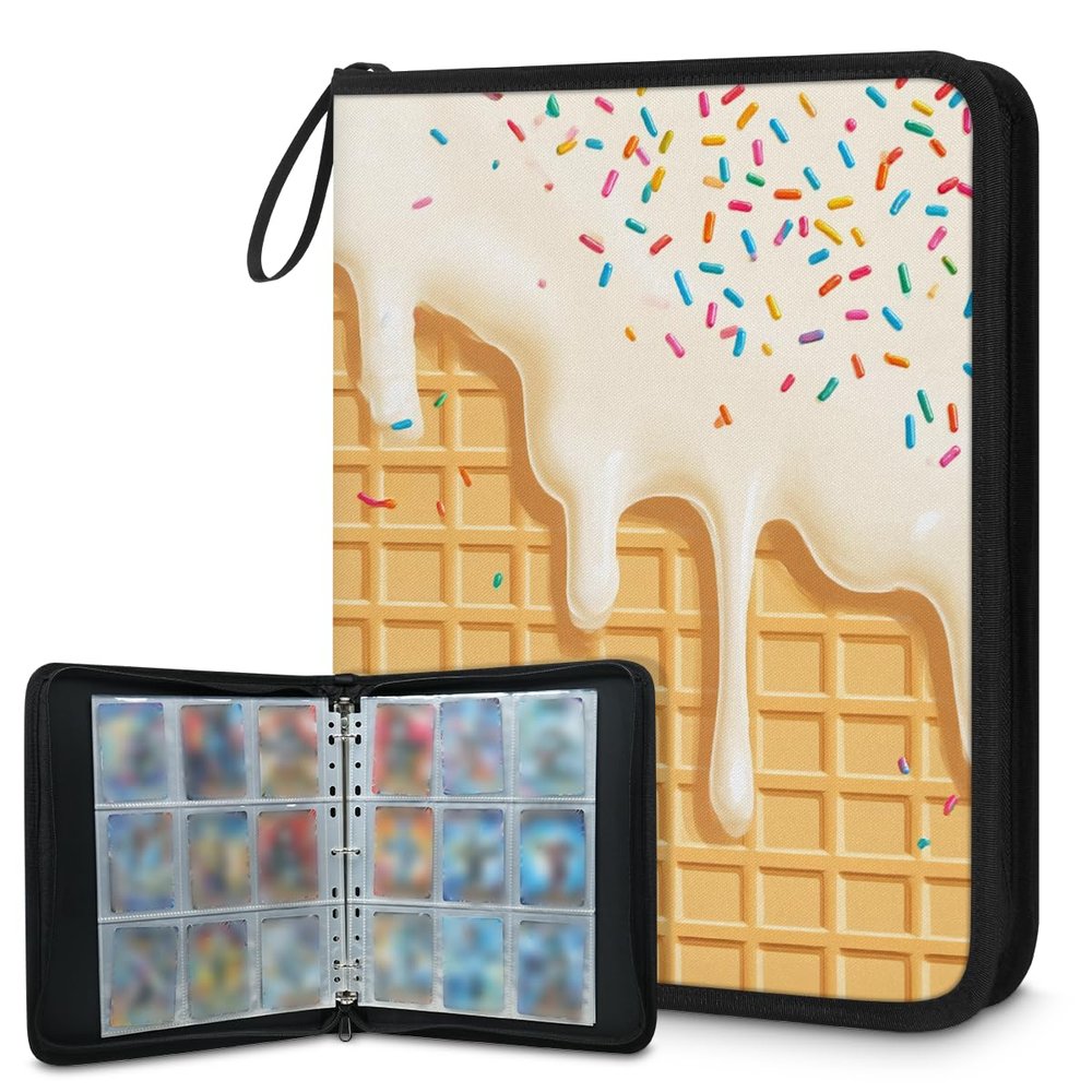 Kuquteed White Ice Cream Trading Card Binder 9 Pocket 900 Cards Holder Collector Album with 50 Removable Sleeves Gifts for Boys Girls Waffles Biscuit Sports Game Cards