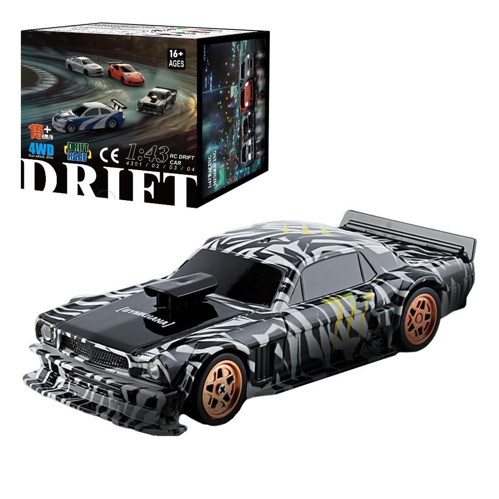 1:43 Mini RC Drift Car, 2.4GHz 15KM/H Full Proportional Remote Control Racing Vehicle with Linked LED Lights, High Speed Electric Gift for Adults (Gyro Version/Black & White)