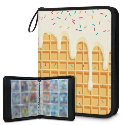 Kuquteed Waffle Cookies Trading Card Binder 4 Pocket 400 Cards Holder Collector Album with 50 Removable Sleeves Toys Gifts for Boys Girls White Ice Cream Sports Game Cards