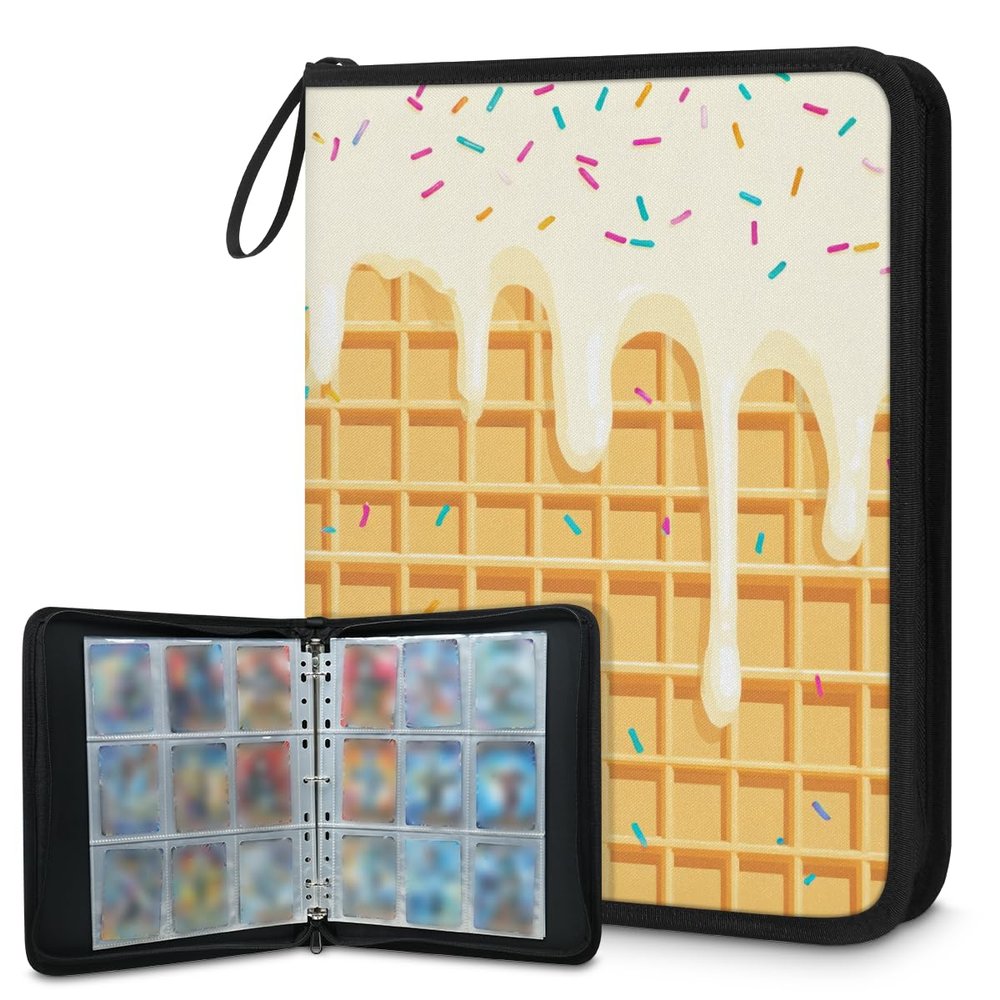 Kuquteed Waffle Cookies Trading Card Binder 4 Pocket 400 Cards Holder Collector Album with 50 Removable Sleeves Toys Gifts for Boys Girls White Ice Cream Sports Game Cards
