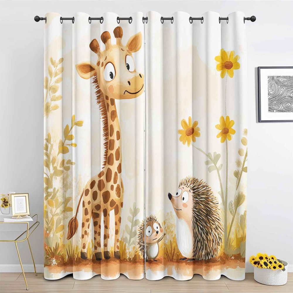 Chrysahr Giraffe Hedgehog Curtains for Nursery Bedroom 39 Inch Length 2 Panels, Cute Woodland Animals Kids Blackout Curtains, Thermal Insulated Grommet Window Curtain for Living Room Drapes