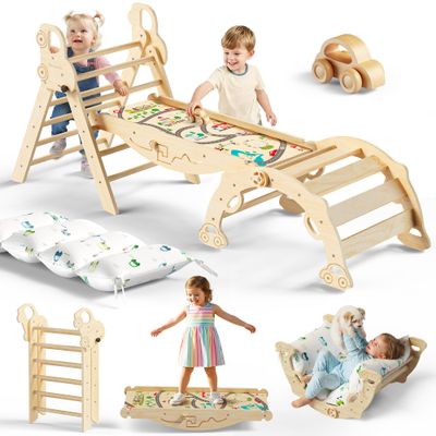 Bimomiki Pikler Triangle Climbing Set with Cushion, Foldable Climbing Toys Indoor, Montessori Toddler Gym, 10-in-1 Climber & Playground, Gift for Christmas, Birthday, New Year (Woodland Cabin)