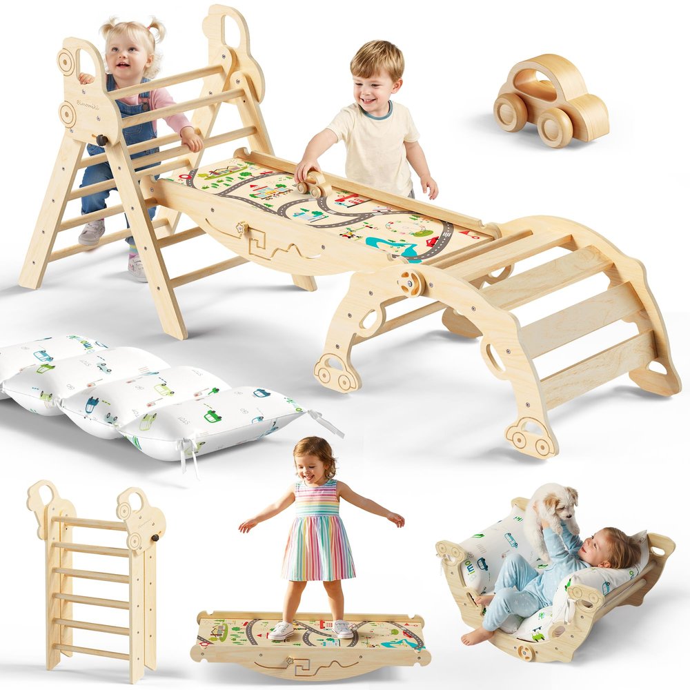 Bimomiki Pikler Triangle Climbing Set with Cushion, Foldable Climbing Toys Indoor, Montessori Toddler Gym, 10-in-1 Climber & Playground, Gift for Christmas, Birthday, New Year (Woodland Cabin)