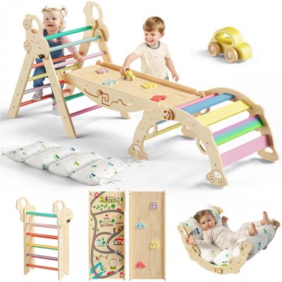 Bimomiki Pikler Triangle Climbing Set with Cushion, Foldable Climbing Toys Indoor, Montessori Toddler Gym, 10-in-1 Climber & Playground, Gift for Christmas, Birthday, New Year (Rainbow Valley)