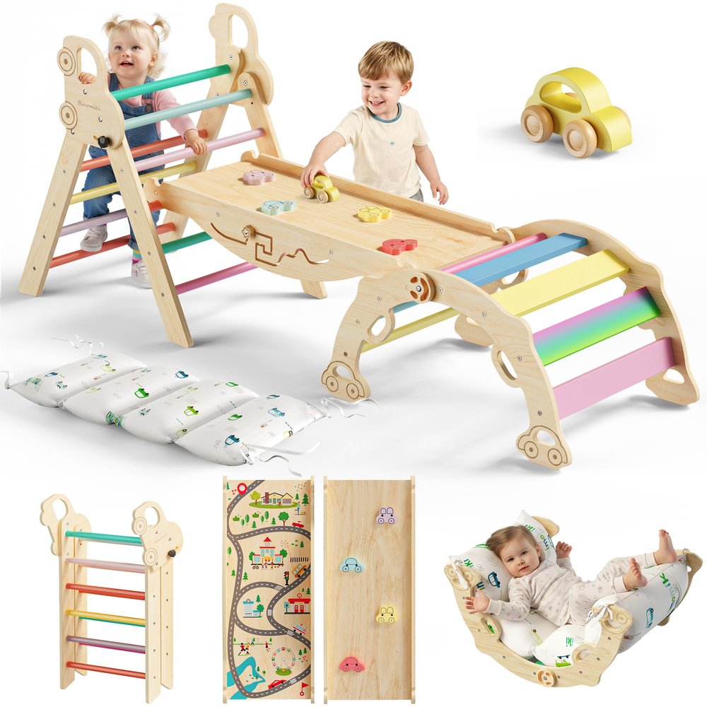 Bimomiki Pikler Triangle Climbing Set with Cushion, Foldable Climbing Toys Indoor, Montessori Toddler Gym, 10-in-1 Climber & Playground, Gift for Christmas, Birthday, New Year (Rainbow Valley)
