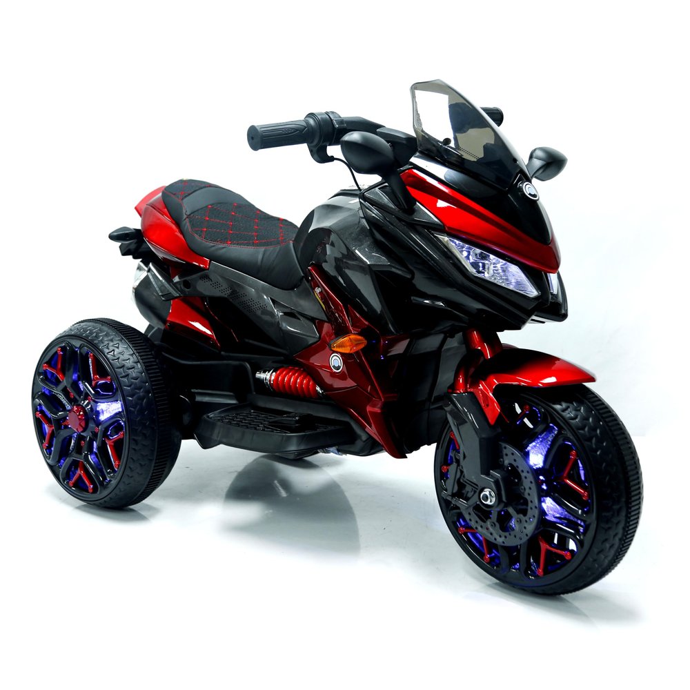 12V Kids Ride-On Motorcycle - 3-Wheel Electric Motorbike for Boys & Girls, Music, Lighting Wheels, Hand Throttle, PU Seat, Reticulate Blue - Gift for Ages 3-8 (Red + Plastic+ 50-99 pounds)