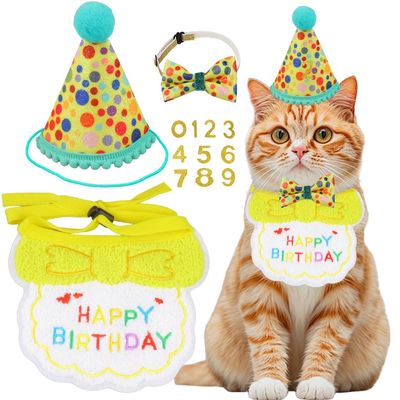 AgoumLux Cat Birthday Party Supplies, Girl Boy Cat Kitten Birthday Bandana Hat Numbers Decorations Outfits Set, Yellow