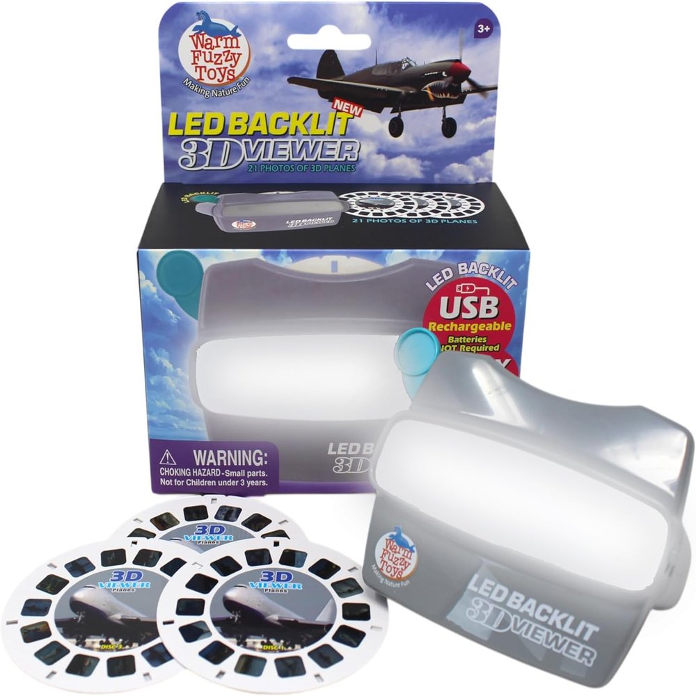WARM FUZZY Toys LED Backlit 3D Viewer  (Planes)  New 2025 USB-C Rechargeable Viewer for Kids & Adults Includes 3 Reels with 21 HD 3D Images  Patent-Pending Retro Toy, No Light Source Needed