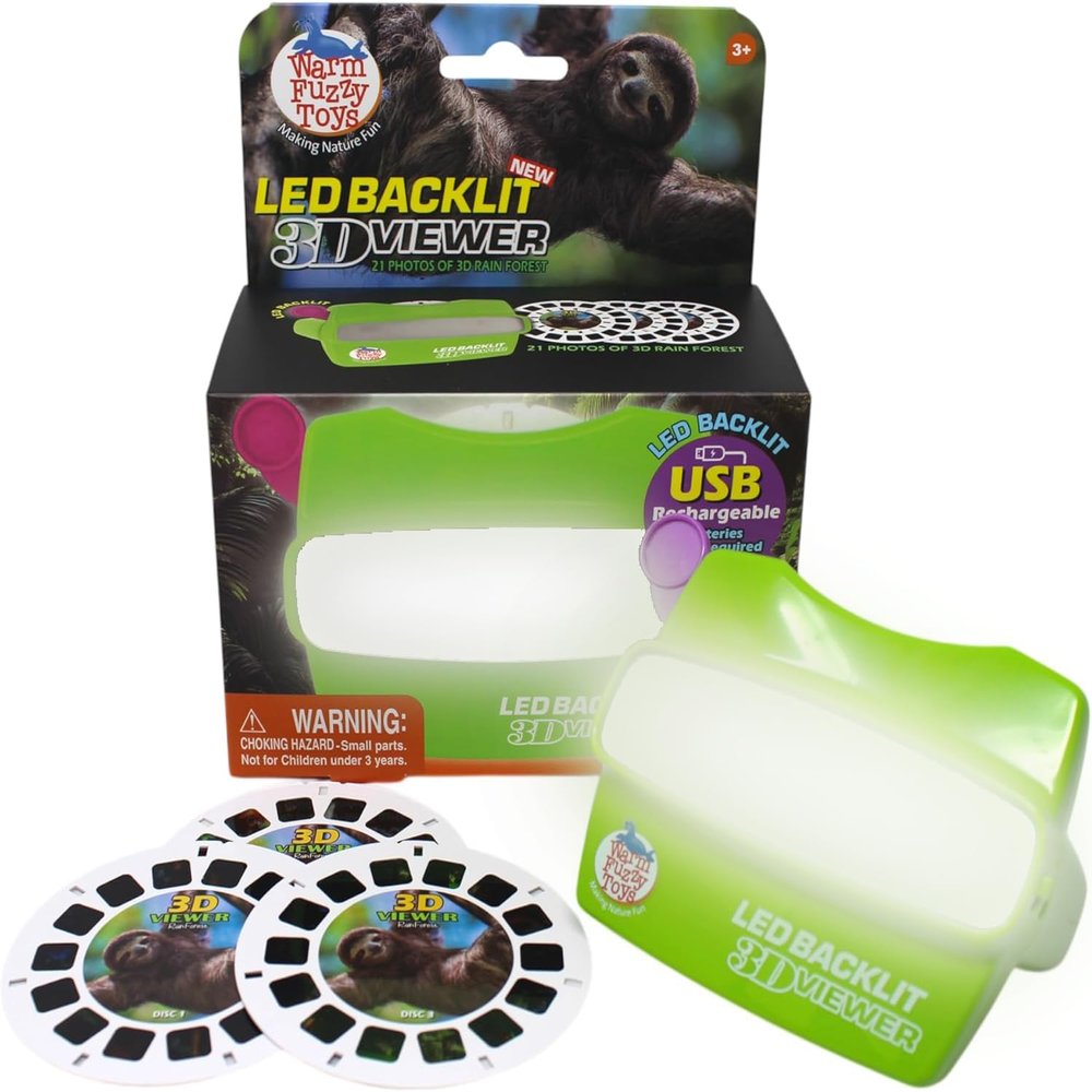 WARM FUZZY Toys LED Backlit 3D Viewer  (Rainforest)  New 2025 USB-C Rechargeable Viewer for Kids & Adults Includes 3 Reels with 21 HD 3D Images  Patent-Pending Retro Toy, No Light Source Needed