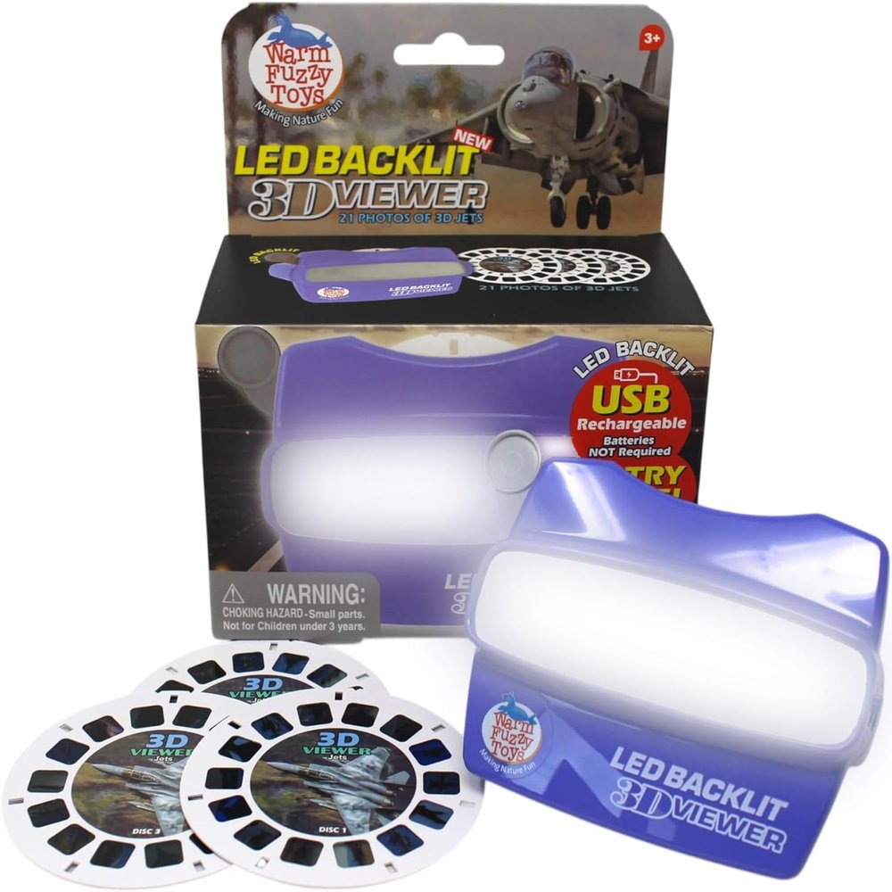 WARM FUZZY Toys LED Backlit 3D Viewer  (Jets)  New 2025 USB-C Rechargeable Slide Viewer for Kids & Adults Includes 3 Reels with 21 HD 3D Images  Patent-Pending Retro Toy, No Light Source Needed
