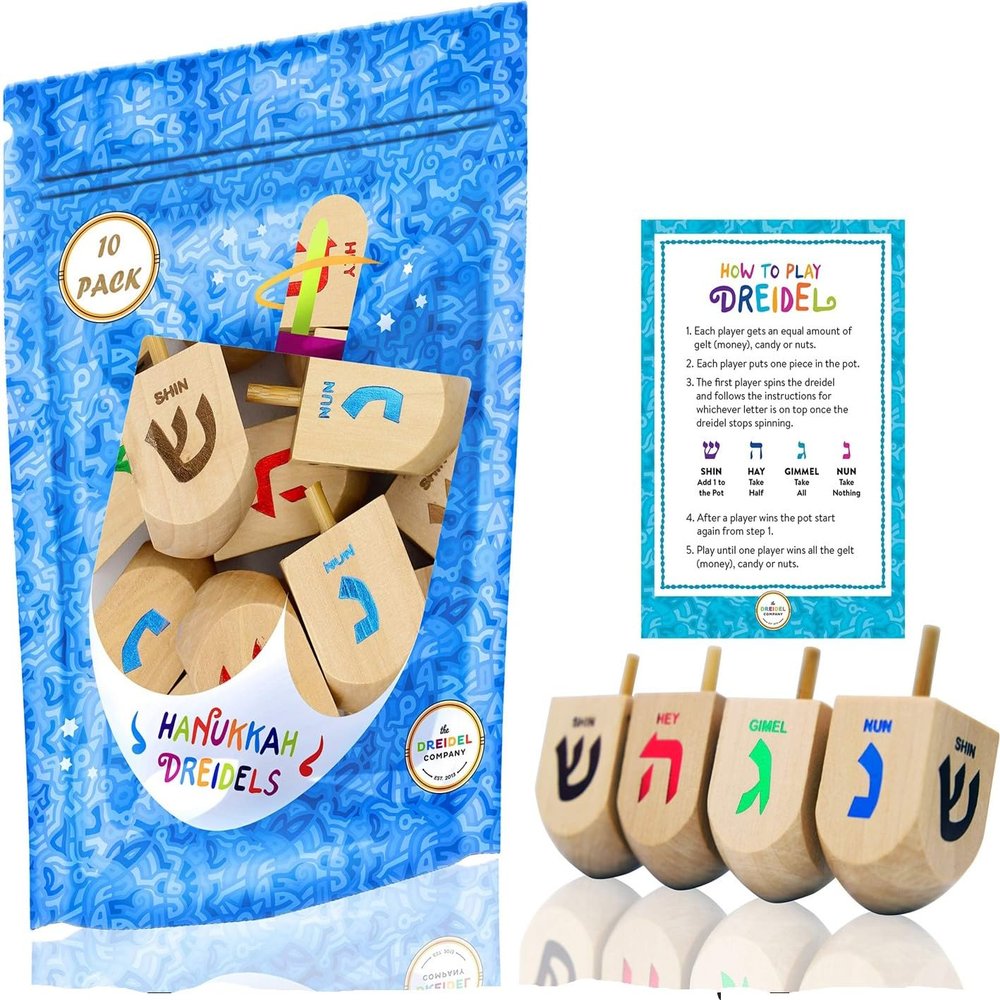 Hanukkah Dreidel 48 Extra Large Wooden Dreidels Hand Painted 3 Inches - Includes Game Instruction Cards