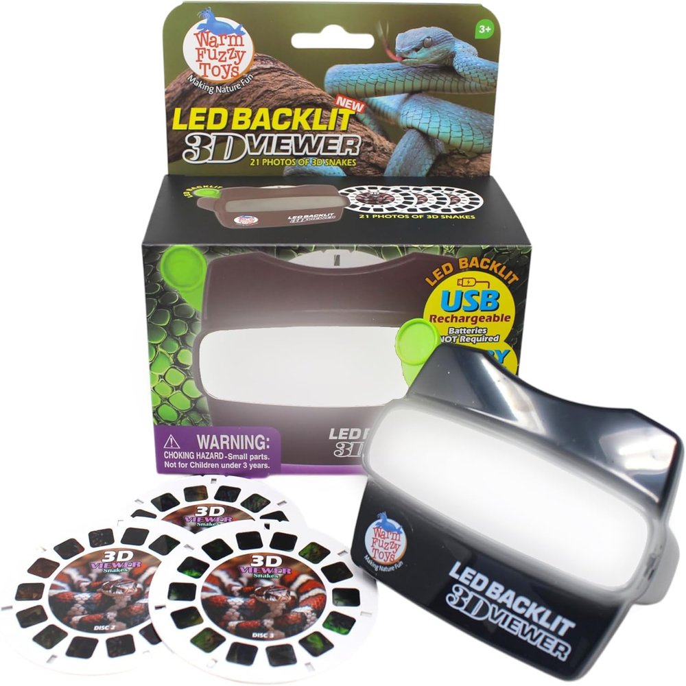 WARM FUZZY Toys LED Backlit 3D Viewer  (Snake)  New 2025 USB-C Rechargeable Slide Viewer for Kids & Adults Includes 3 Reels with 21 HD 3D Images  Patent-Pending Retro Toy, No Light Source Needed