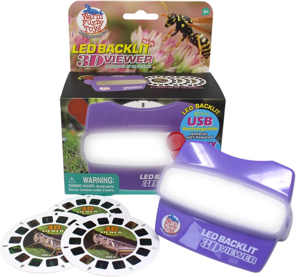 WARM FUZZY Toys LED Backlit 3D Viewer  (Insects)  New 2025 USB-C Rechargeable Slide Viewer for Kids & Adults Includes 3 Reels with 21 HD 3D Images  Patent-Pending Retro Toy, No Light Source Needed