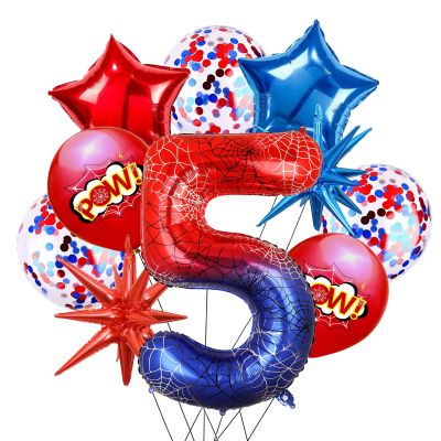 10Pcs 40 Inch Spider Theme Number 5 Foil Balloons Birthday Decoration Cartoon Hero Red and Blue Spider Web Design for Kids Large Mylar 5th Number Balloon Cartoon Party Birthday Supplies