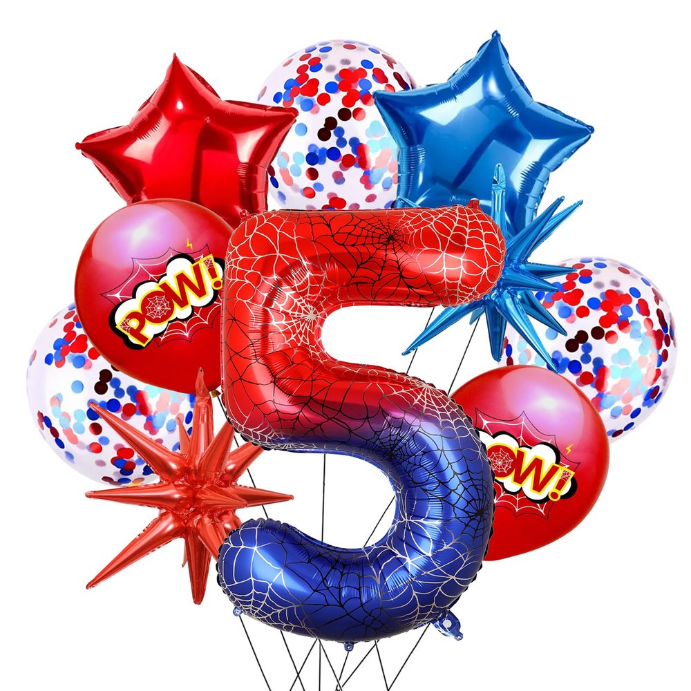 10Pcs 40 Inch Spider Theme Number 5 Foil Balloons Birthday Decoration Cartoon Hero Red and Blue Spider Web Design for Kids Large Mylar 5th Number Balloon Cartoon Party Birthday Supplies