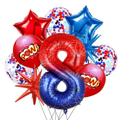 10Pcs 40 Inch Spider Theme Number 8 Foil Balloons Birthday Decoration Cartoon Hero Red and Blue Spider Web Design for Kids Large Mylar 8th Number Balloon Cartoon Party Birthday Supplies