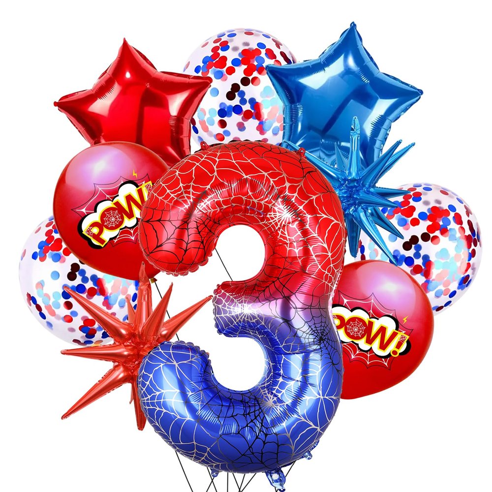 10Pcs 40 Inch Spider Theme Number 3 Foil Balloons Birthday Decoration Cartoon Hero Red and Blue Spider Web Design for Kids Large Mylar 3rd Number Balloon Cartoon Party Birthday Supplies