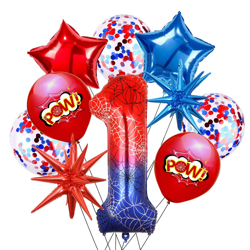 10Pcs 40 Inch Spider Theme Number 1 Foil Balloons Birthday Decoration Cartoon Hero Red and Blue Spider Web Design for Kids Large Mylar 1st Number Balloon Cartoon Party Birthday Supplies