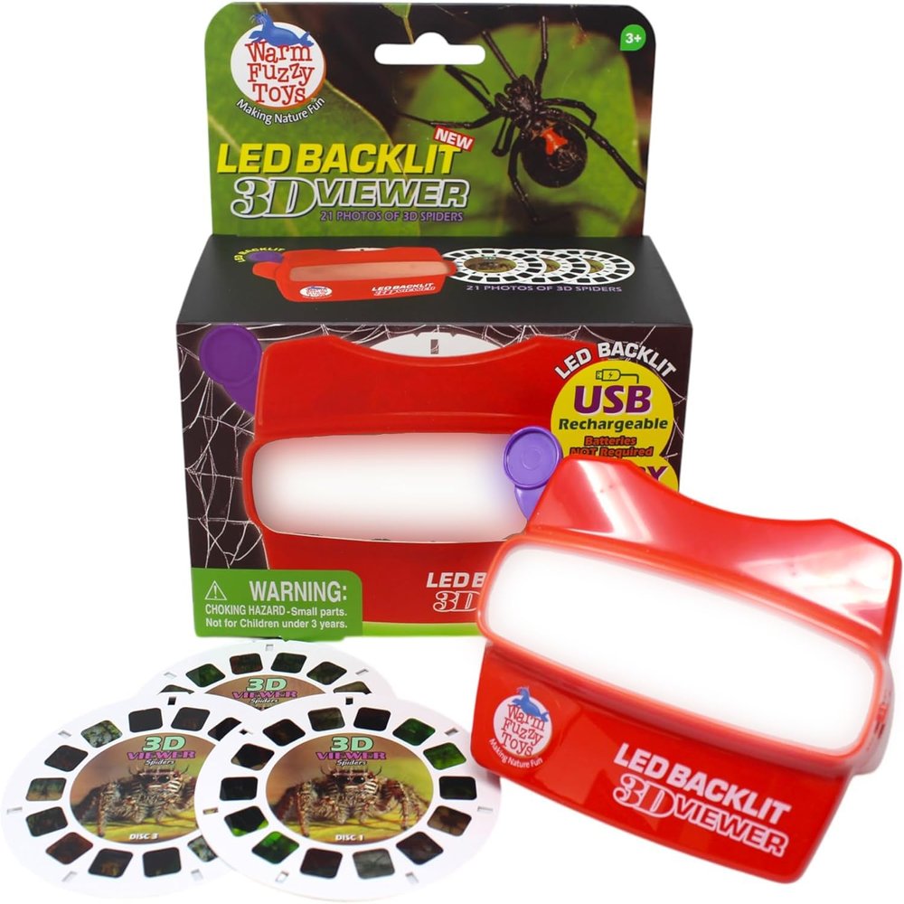 WARM FUZZY Toys LED Backlit 3D Viewer  (Spiders)  New 2025 USB-C Rechargeable Slide Viewer for Kids & Adults Includes 3 Reels with 21 HD 3D Images  Patent-Pending Retro Toy, No Light Source Needed