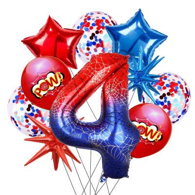 10Pcs 40 Inch Spider Theme Number 4 Foil Balloons Birthday Decoration Cartoon Hero Red and Blue Spider Web Design for Kids Large Mylar 4th Number Balloon Cartoon Party Birthday Supplies