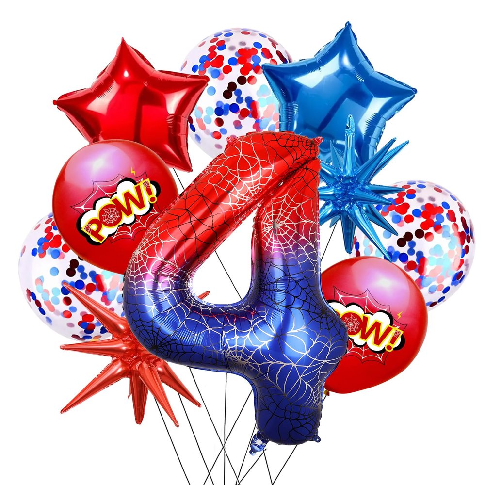10Pcs 40 Inch Spider Theme Number 4 Foil Balloons Birthday Decoration Cartoon Hero Red and Blue Spider Web Design for Kids Large Mylar 4th Number Balloon Cartoon Party Birthday Supplies