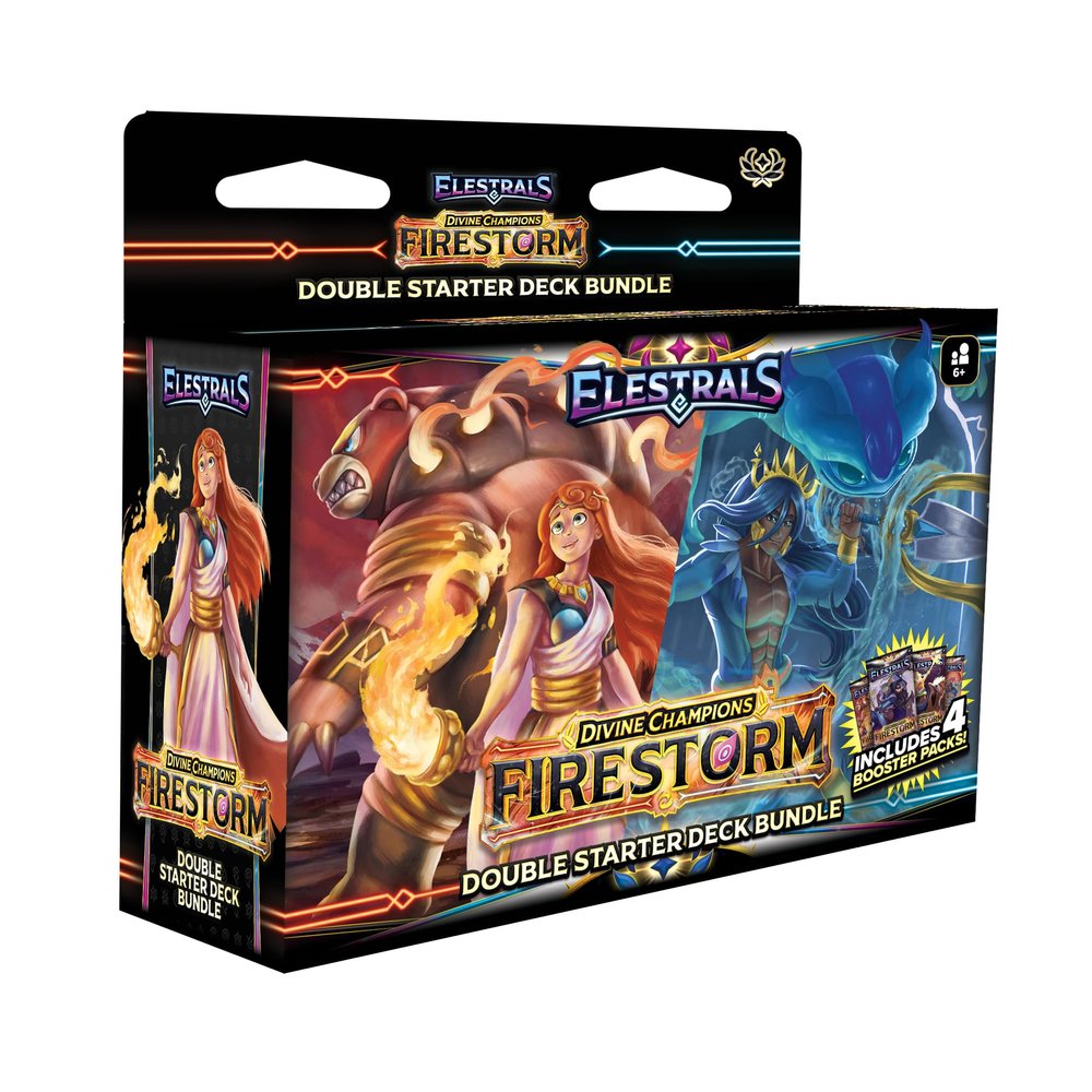 Elestrals TCG: Divine Champions - Firestorm Hestia vs. Poseidon Double Starter Deck Bundle with 4 Packs, 2X How-to-Play Game Mats, and 2X Posters