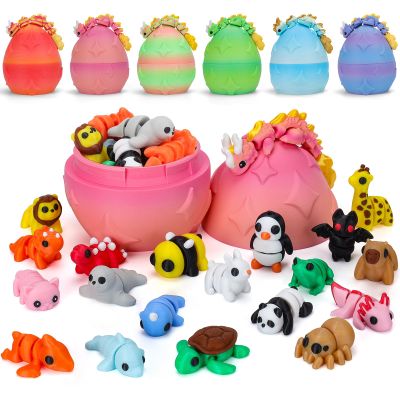 VUTIKPIX Mini 3D Printed Animals with Dragon Eggs Set, 3D Printed Fidget Toys Bulk, Small Articulated Animal Figures,Easter Basket Stuffers, Pocket Pets, Desk Decor, Party Favors (Animal Family)