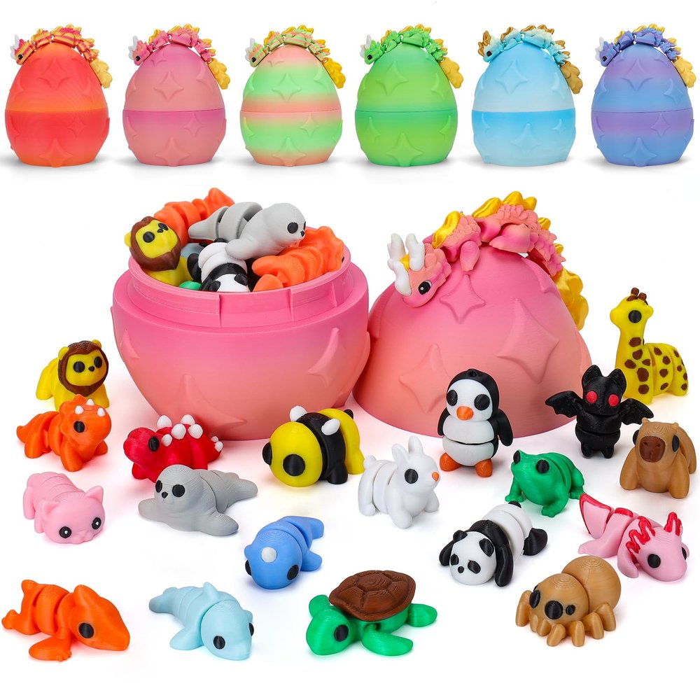 VUTIKPIX Mini 3D Printed Animals with Dragon Eggs Set, 3D Printed Fidget Toys Bulk, Small Articulated Animal Figures,Easter Basket Stuffers, Pocket Pets, Desk Decor, Party Favors (Animal Family)