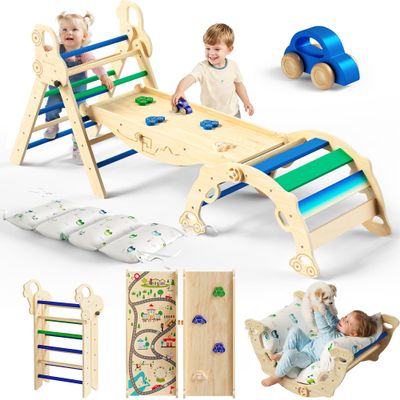 Bimomiki Pikler Triangle Climbing Set with Cushion, Foldable Climbing Toys Indoor, Montessori Toddler Gym, 10-in-1 Climber & Playground, Gift for Christmas, Birthday, New Year (Glacier Lake)