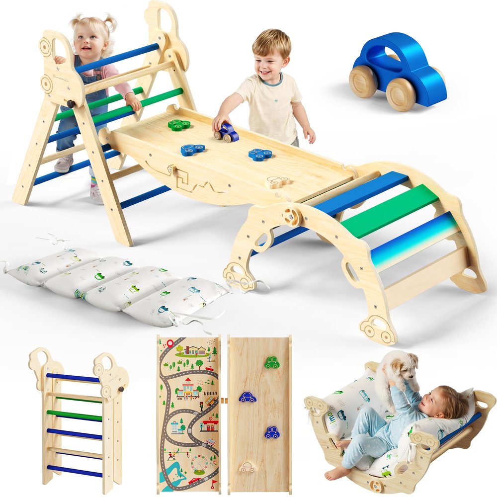 Bimomiki Pikler Triangle Climbing Set with Cushion, Foldable Climbing Toys Indoor, Montessori Toddler Gym, 10-in-1 Climber & Playground, Gift for Christmas, Birthday, New Year (Glacier Lake)