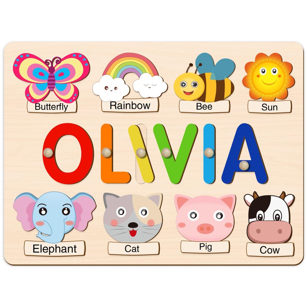 Personalized Name Puzzle for Kids, Customized 1st Birthday Gifts for Girls Boys, Personalized Baby Gifts Custom Name Puzzles for Toddlers 1-3 Animal Wooden Puzzle Montessor Toys for Kids