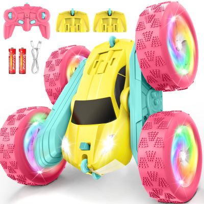 FDCTR Remote Control Car, RC Cars for Girls, Double-Sided 4WD Stunt Car with RGB Lights & 360 Flips, USB-C Modular Batteries, Toys for Ages 57, Birthday Gift for 6+ Year Old Girl, Yellow-Pink