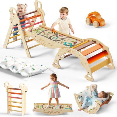 Bimomiki Pikler Triangle Climbing Set with Cushion, Foldable Climbing Toys Indoor, Montessori Toddler Gym, 10-in-1 Climber & Playground, Gift for Christmas, Birthday, New Year (Sahara Sunset)