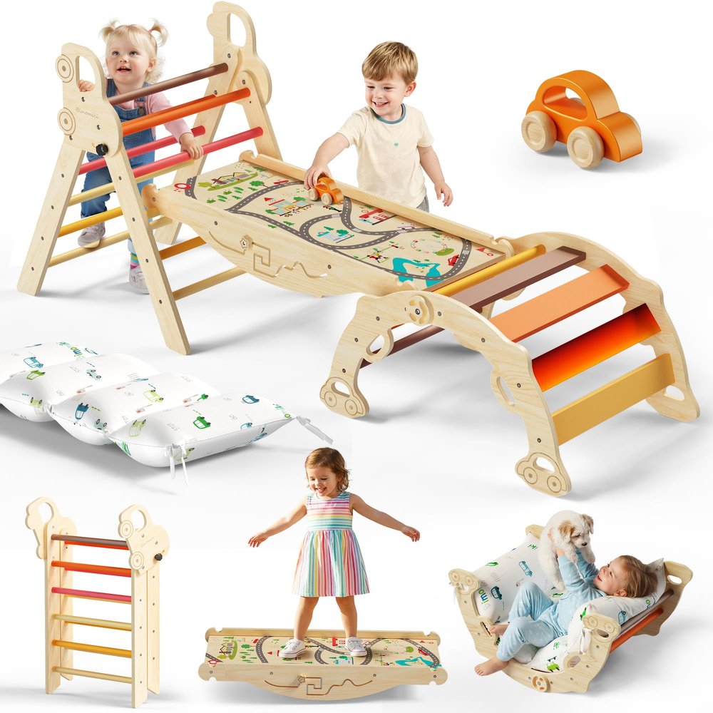 Bimomiki Pikler Triangle Climbing Set with Cushion, Foldable Climbing Toys Indoor, Montessori Toddler Gym, 10-in-1 Climber & Playground, Gift for Christmas, Birthday, New Year (Sahara Sunset)