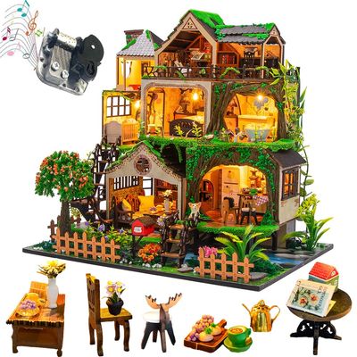 IiecrKiie DIY Miniature Dollhouse Kit, 3-Story House Building Set with LED Lights, Tiny House Kit, Doll House Kits for Adults to Building, Unique Gift for Birthday Father's Day,
