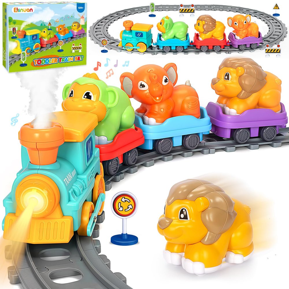 Electric Train Set for Toddlers, Realistic Steam Train Toys for Kids with Tracks, Animal Toys for Toddlers 1-3 with Music & Lights, Christmas Birthday Gifts for 1 2 3 4 5 Year Old Boys Girls