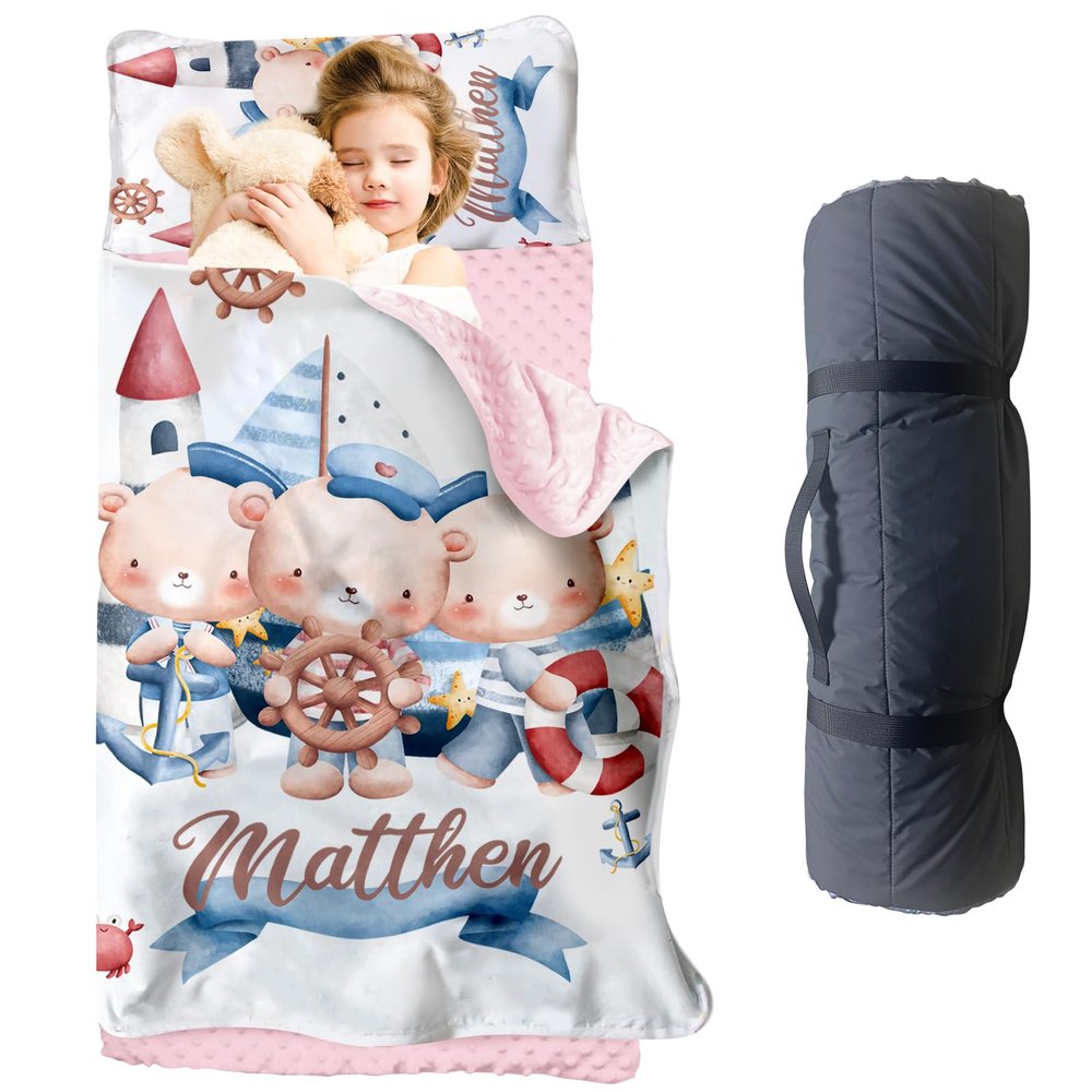 Personalized Toddler Nap Mat for Girls, Custom Name Kids Nap Mat with Piggy Voyage Theme, Daycare Sleeping Mats with Removable Pillow and Soft Minky Dot Blanket for Preschool, Travel, Kindergarten