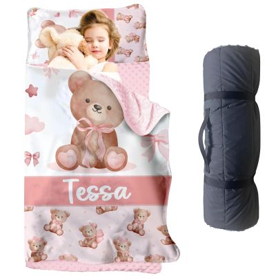 Personalized Toddler Nap Mat for Girls, Custom Name Kids Nap Mat with Pink Bear Pattern, Daycare Sleeping Mats with Removable Pillow and Soft Minky Dot Blanket for Preschool, Travel, Kindergarten