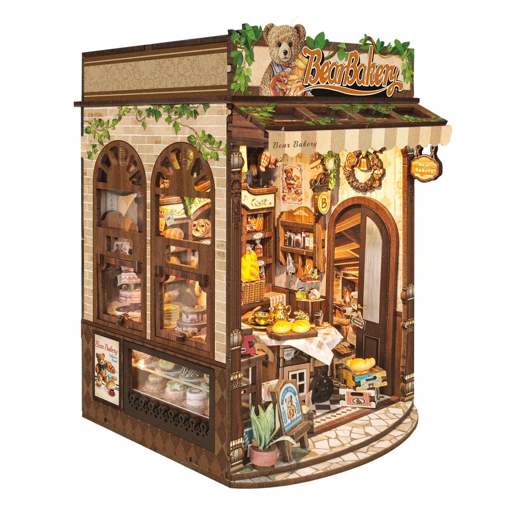 DIY Book Nook Kit,Miniature Dollhouse kit Store,3D Puzzle Tiny House Mini Bookend for Booknook Bookshelf Decor,Gift for Adults and Teens - Bear Bakery (SQ-65)