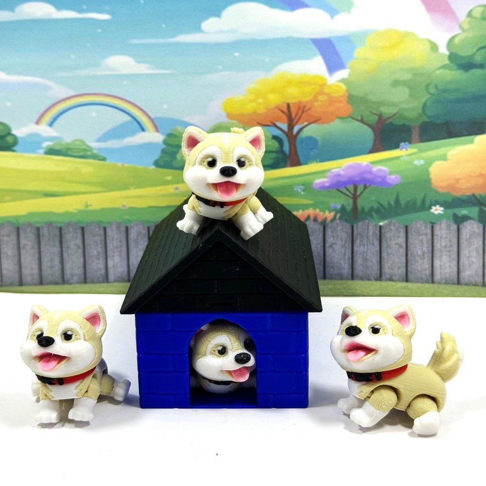 4pcs 3D Printed Dog with Dog House, Articulated Baby Husky Chibi Edition Toy, Beige Posable and Movable Head and Joints Animal, Fidget ADHD Autism Toy CH001-BEIGE-BH