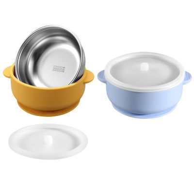 Dovesail 2 Pack Stainless Steel Baby Bowls with Removable Non-Slip Silicone Suction Shell and Lids, Anti Scald Food Container for Baby Food Feeding-Skyblue & Yellow
