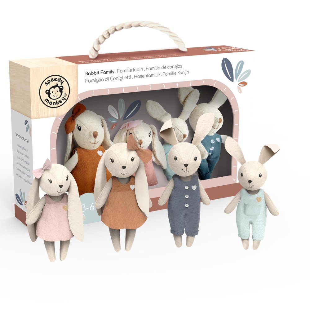SPEEDY MONKEY Rabbit Family Set Miniature Bunny Figures with Parents & 2 Baby Rabbits Pretend Play Doll House Family for Kids, Toddlers, Girls Cute Dollhouse Decor Toy