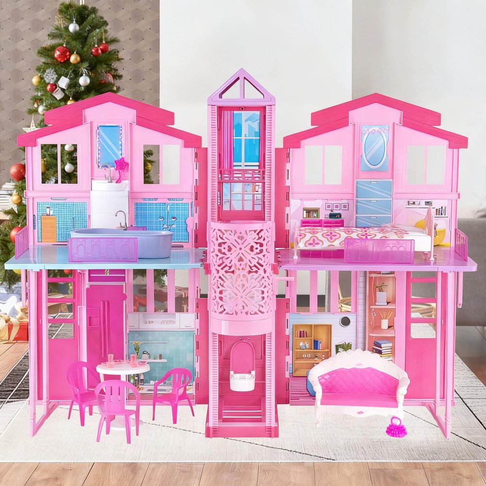 2025 Doll House Playset, 2-Story Foldable Dollhouse with 4 Rooms & Elevator, Furniture for 11.5-inch Dolls, Ideal Toys for Kids Girls 3+ up Years