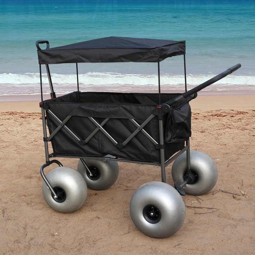 WONDERCAMEL Stroller Wagon with Big Balloon Wheels for Sand, Folding Pull Push Cart with Removable Canopy, 13'' Inflatable Tires, Pump Included