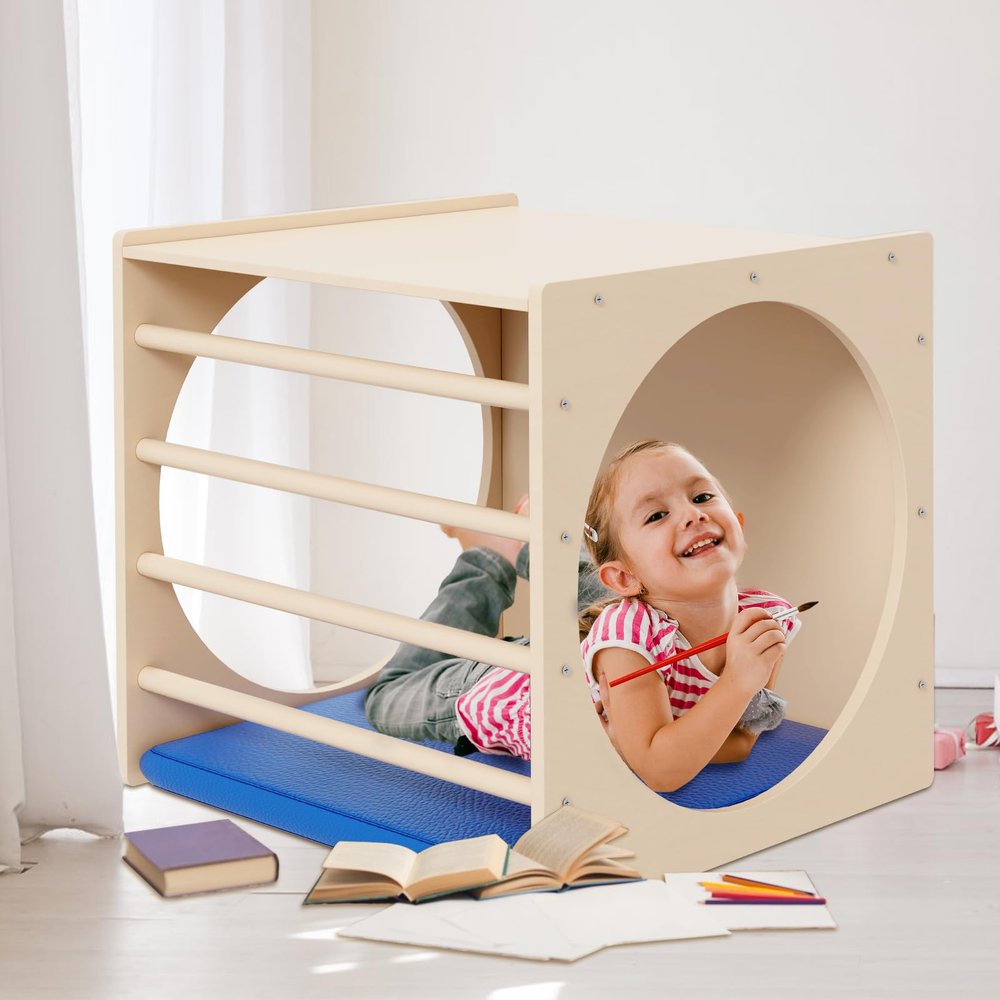 DOLEMODUO Kids Cube Cozy Corner, 24" Wooden Montessori Play Furniture, Solid Reading Nook with Cusion, Play Set and Palyhouse for Preschool, Home and Daycare (Natural Finish)