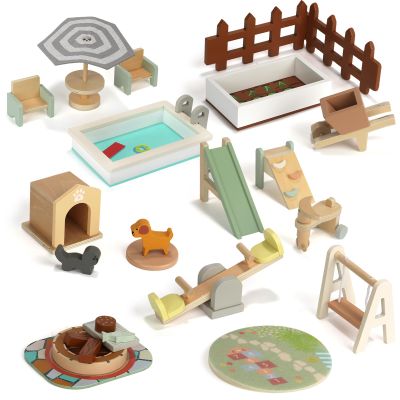 26PCS Wooden Dollhouse Furniture Set, Outdoor Miniature Doll House Accessories Playset for Toddlers, Outdoor Scenes Poolside Playground Pretend Play Toy for Kids 3+