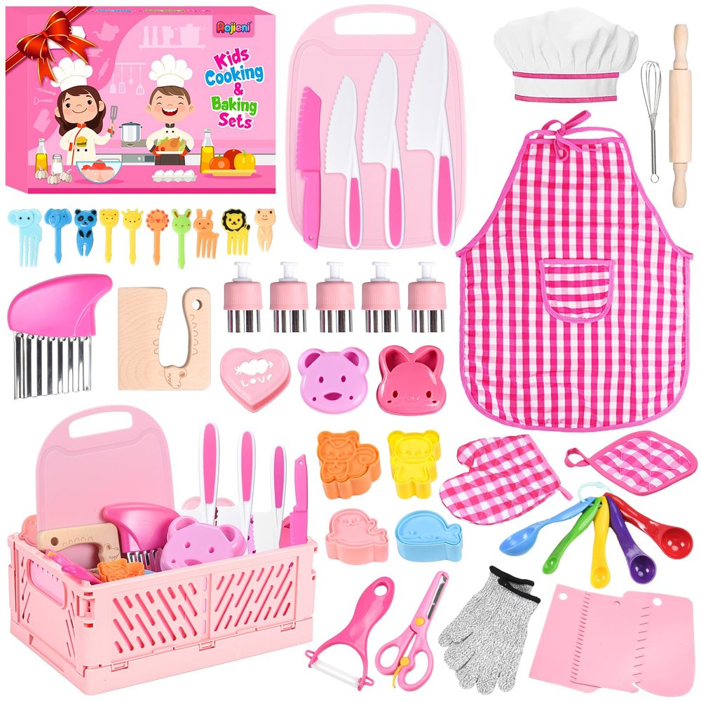 Kids Knife Set for Real Cooking: 48PCS Kids Kitchen Set, Kids Cooking Sets Real with ApronBasket, Kid Kitchen Accessories, Toddler Baking Kitchen Tools, Montessori Toys for 3+ Year Old Birthday Gifts